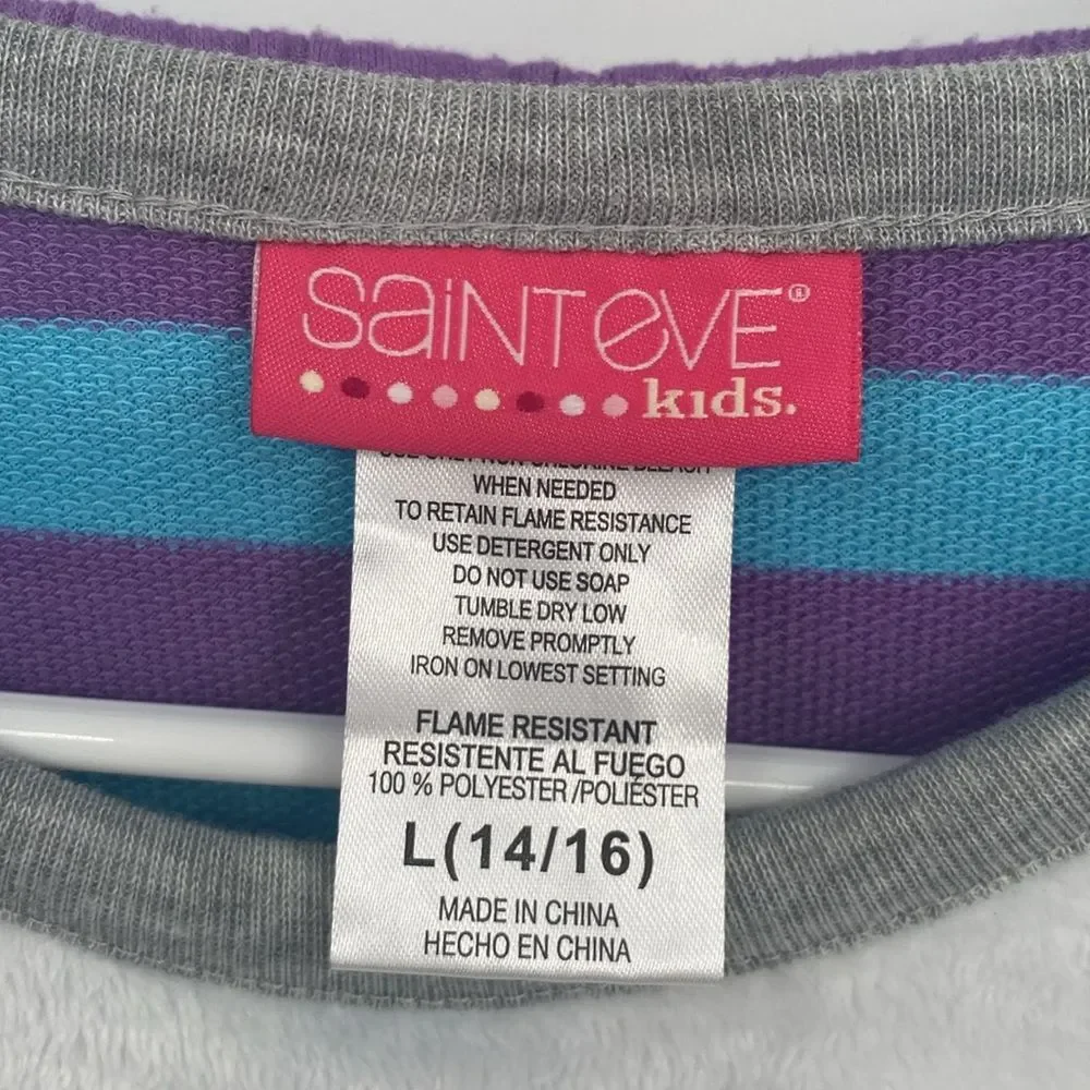 Saint Eve Kids Pajama Set Fuzzy Cat Pocket Sweatshirt Striped Pants L 14/16